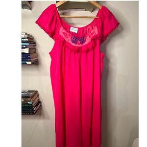 Vintage Hot Pink Nightgown with Purple Rose Detail  Size L